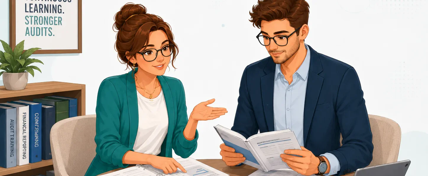 EVa und Jonas am Roundtable mit Audit-Lehrbüchern, Spruchbild „Continuous Learning. Stronger Audits.“